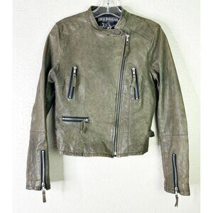 True Religion XS/S Distressed Soft Leather Rocker Motorcycle Jacket Brown GUC
